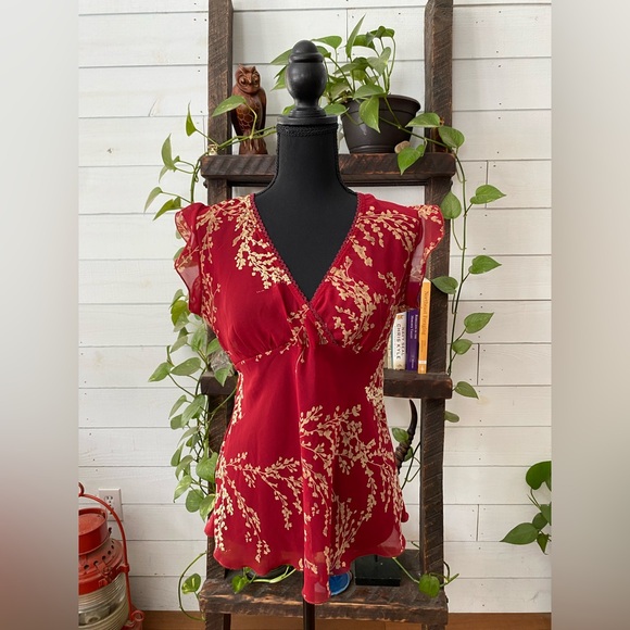 Helium: Red V Neck Top with Lace Trim - Picture 16 of 17